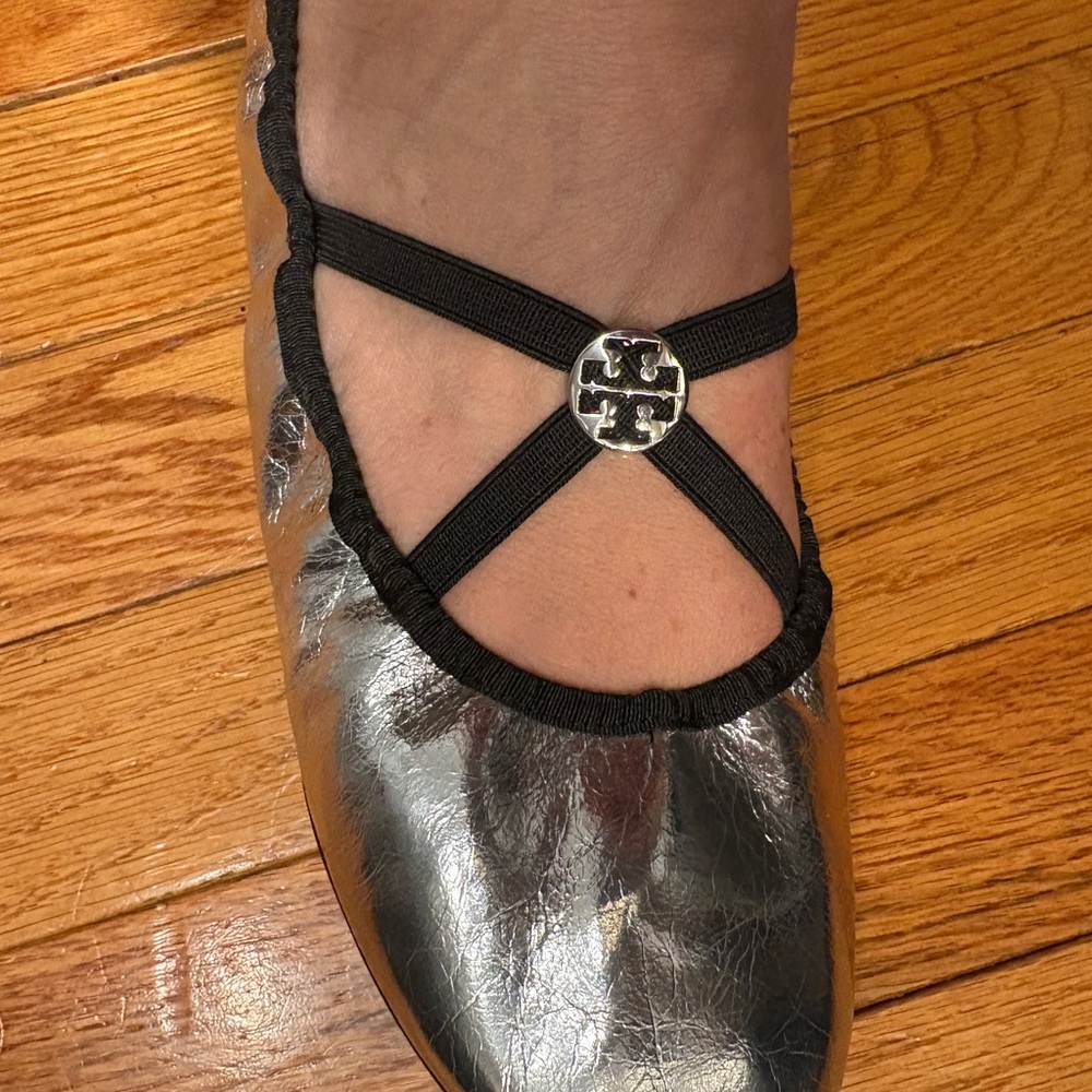 Tory Burch Metallic Silver Flats with Black Straps